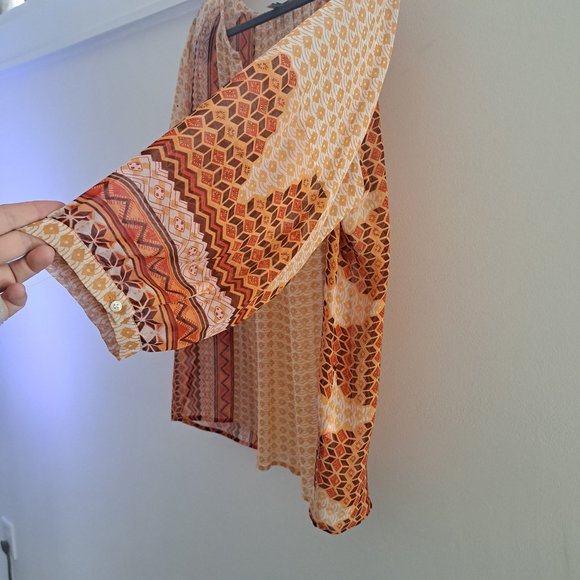 JOIE  Orange Abstract Print Semi Sheer V-neck Blouse - Picture 3 of 5